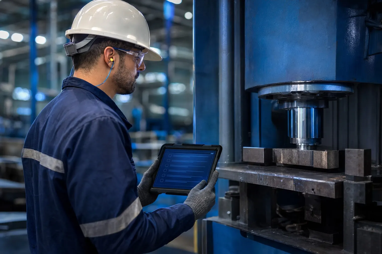 Operador realizando checklist de inspeção de equipamento em um tablet na área industrial