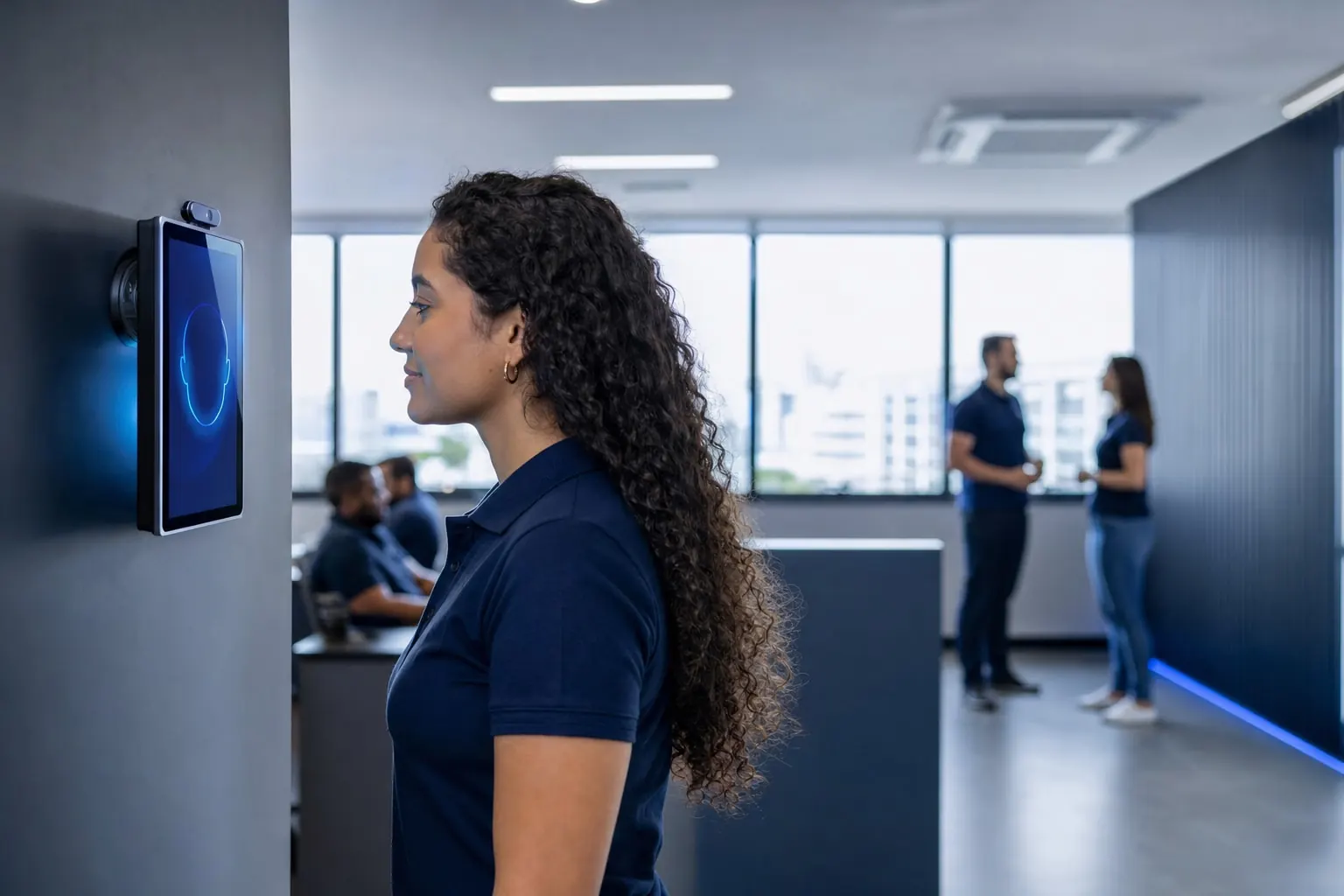 Colaborador registrando o ponto por reconhecimento facial em um tablet na entrada da empresa