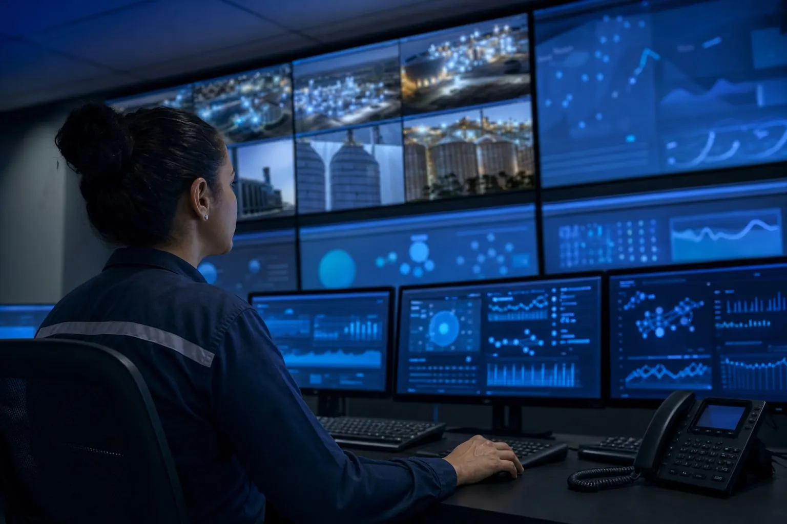 Operadora acompanhando câmeras e indicadores em uma sala de controle industrial