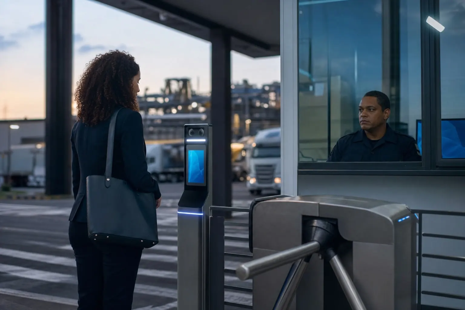 Portaria corporativa com terminal de reconhecimento facial identificando um visitante